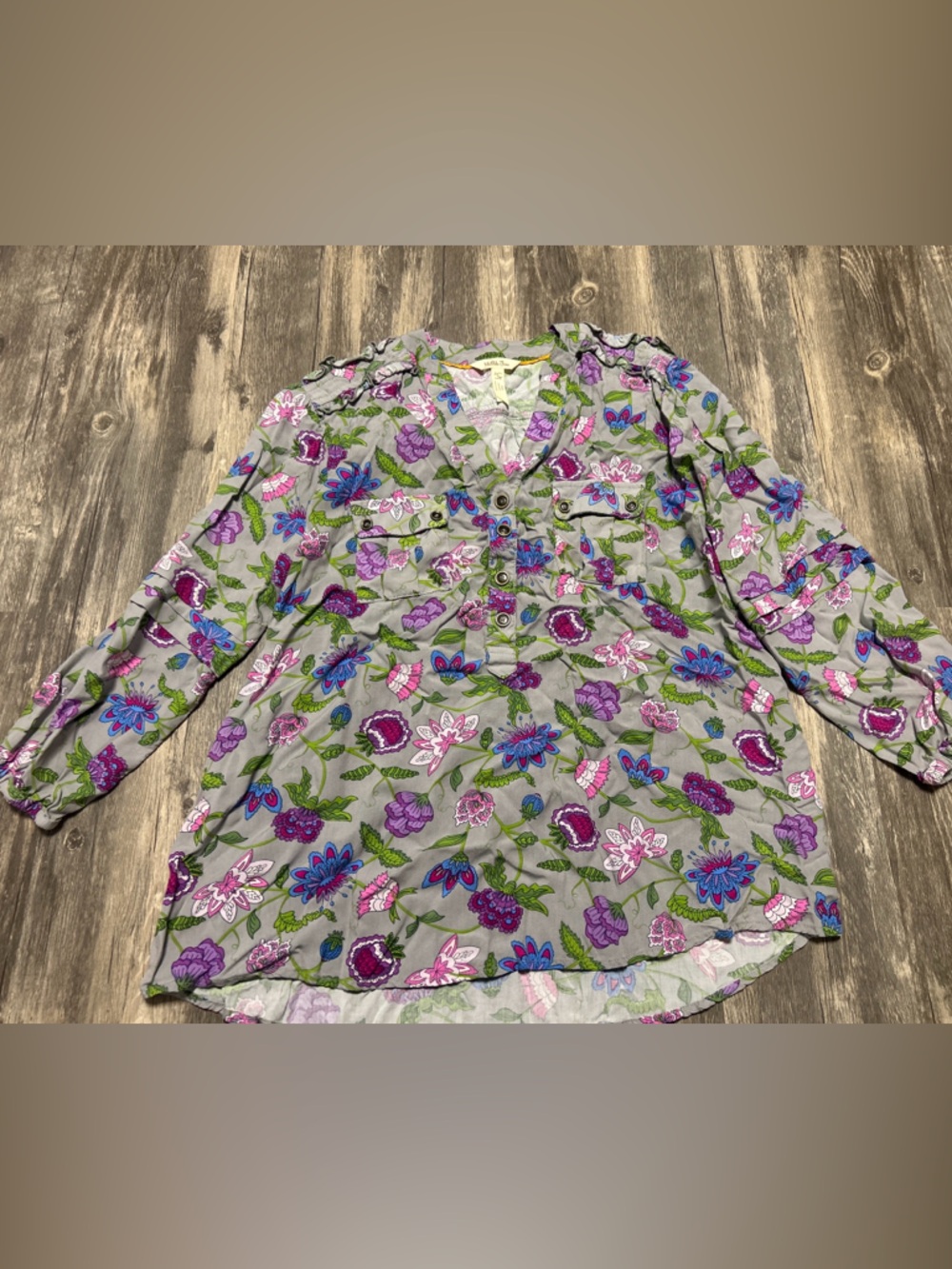 MATILDA JANE BLOUSE THINKING OUT LOUD GRAY FLORAL PURPLE TOP Size Small
